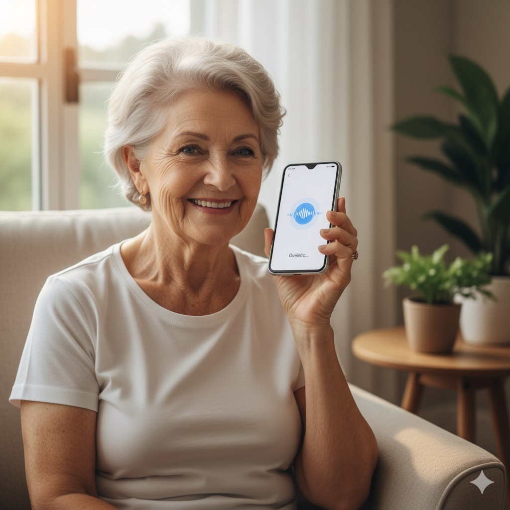 Idosa fazendo cadastro por voz no smartphone