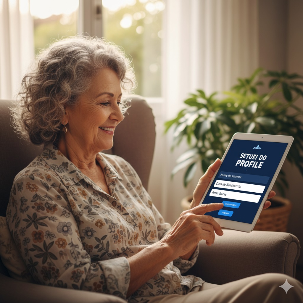 Idosa preenchendo seu perfil em um tablet