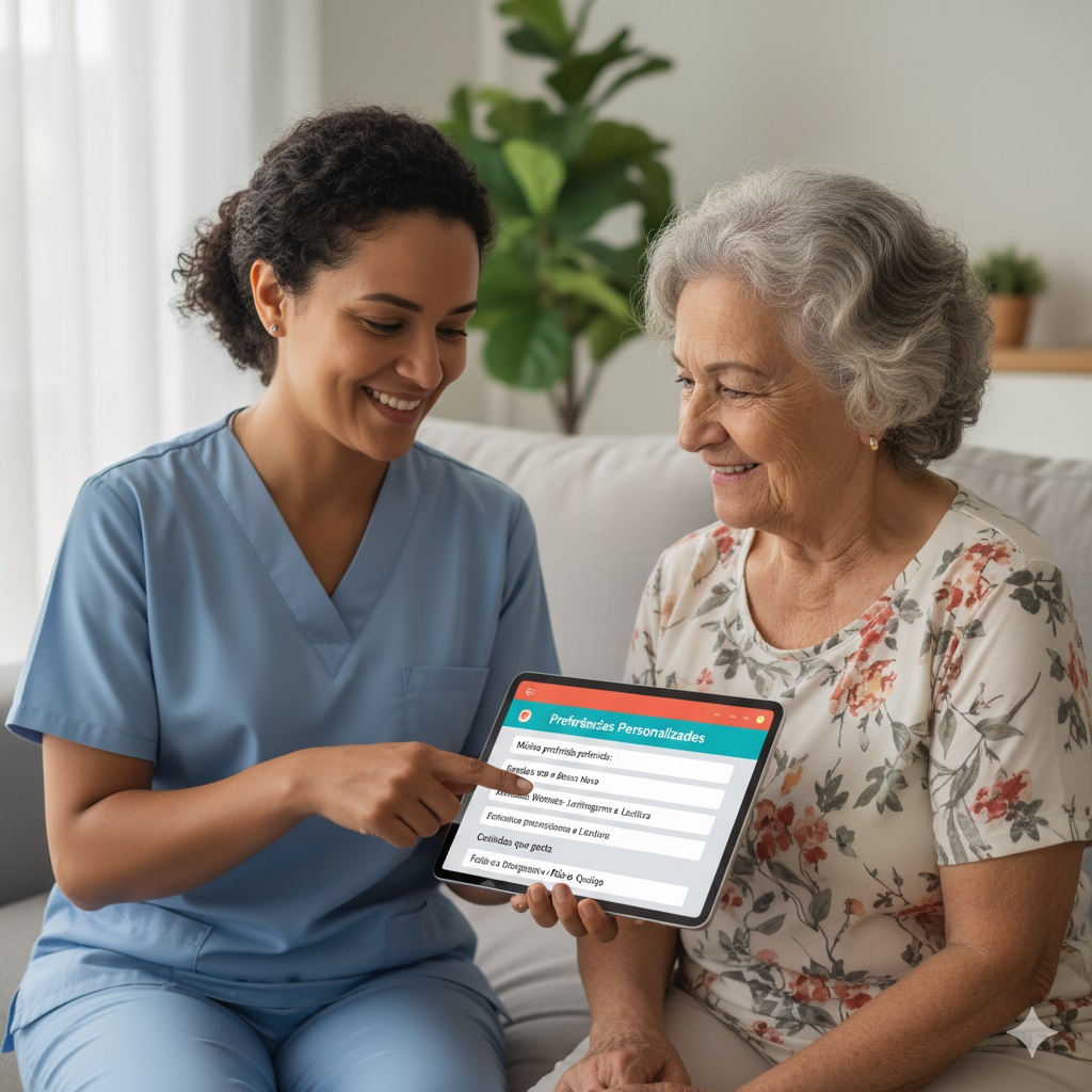 Cuidador mostrando preferências em um tablet para a idosa