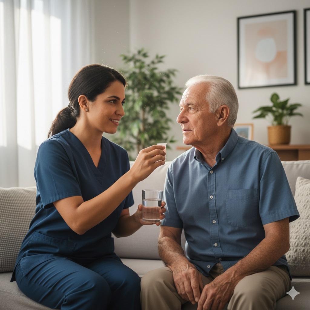 Enfermeira cuidando de um idoso