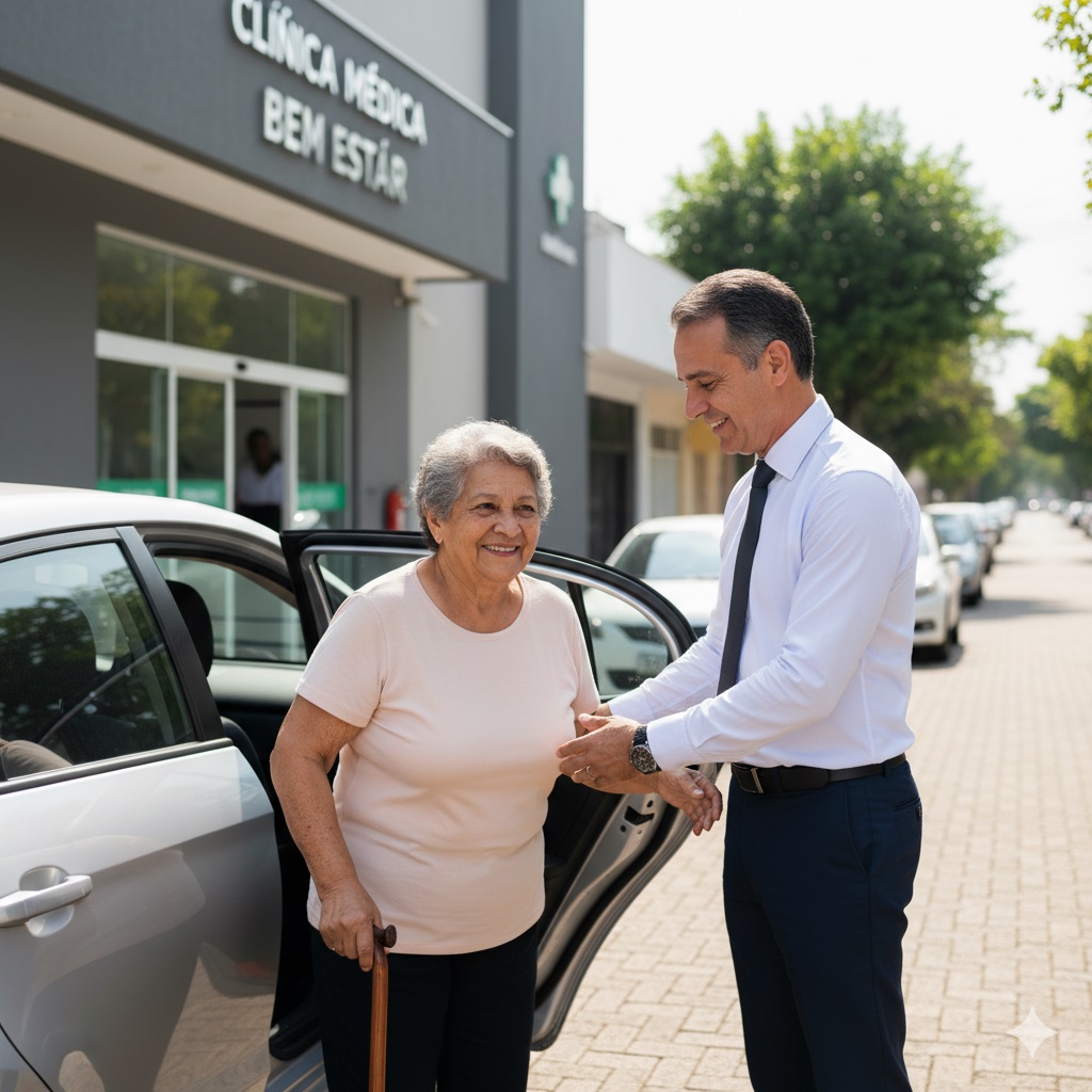 Motorista ajudando idosa a entrar no carro