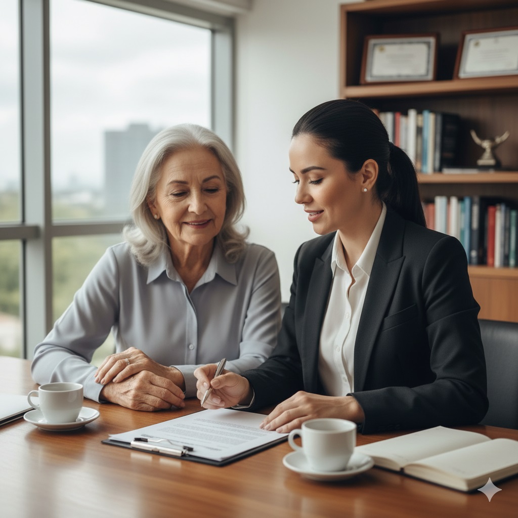Assessor jurídico conversando com um casal de idosos