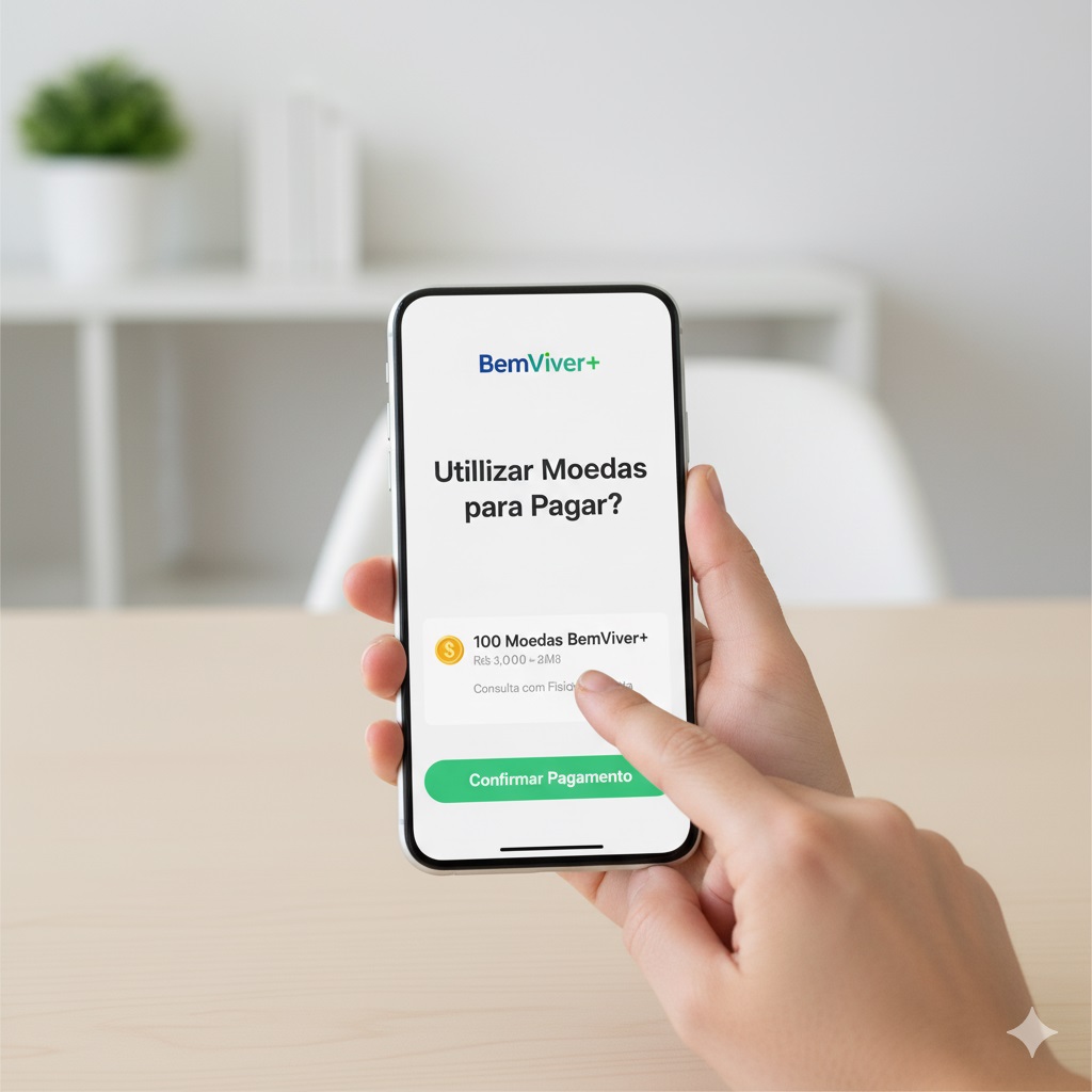 Pessoa usando o app BemViver+ para usar Moedas