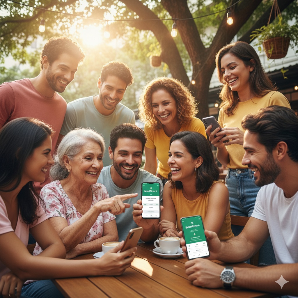 Grupo diversificado de pessoas sorrindo e usando o app BemViver+