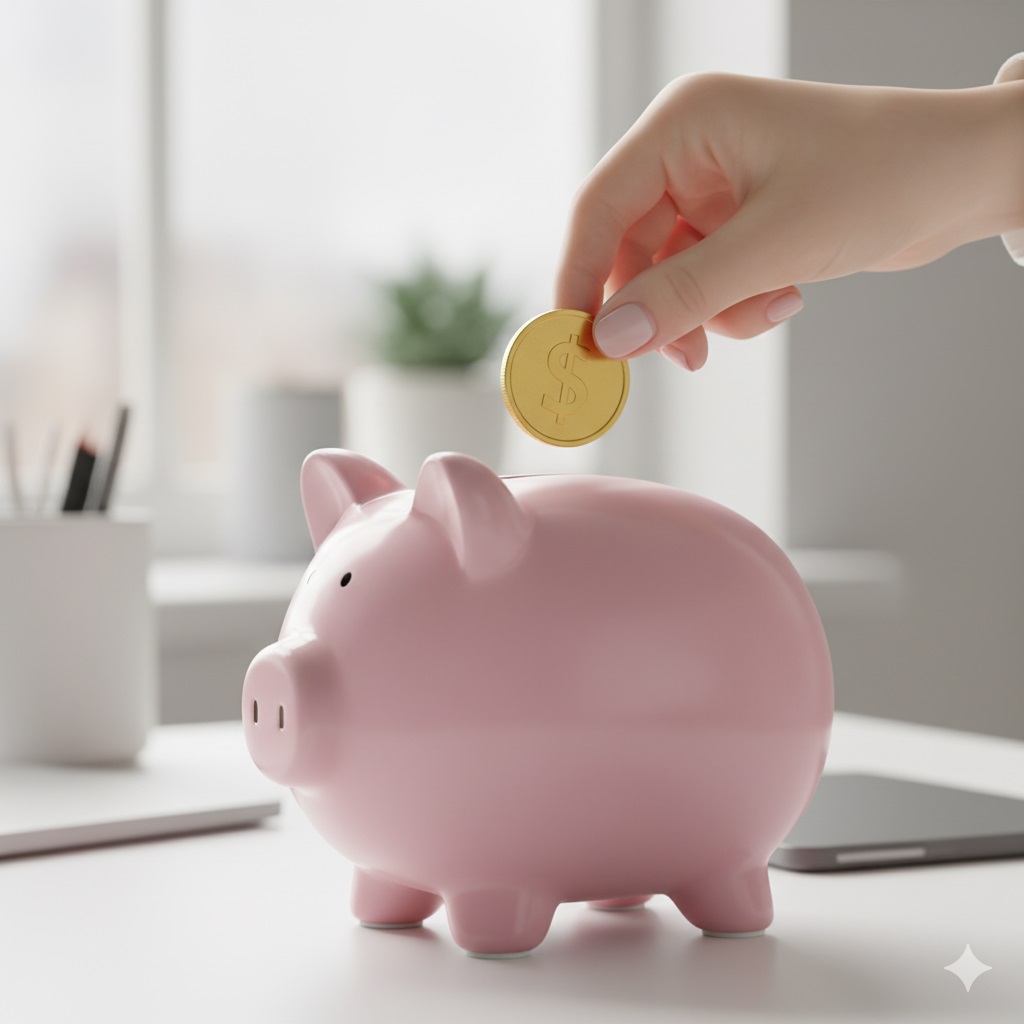 Moeda sendo depositada em um cofrinho, simbolizando economia