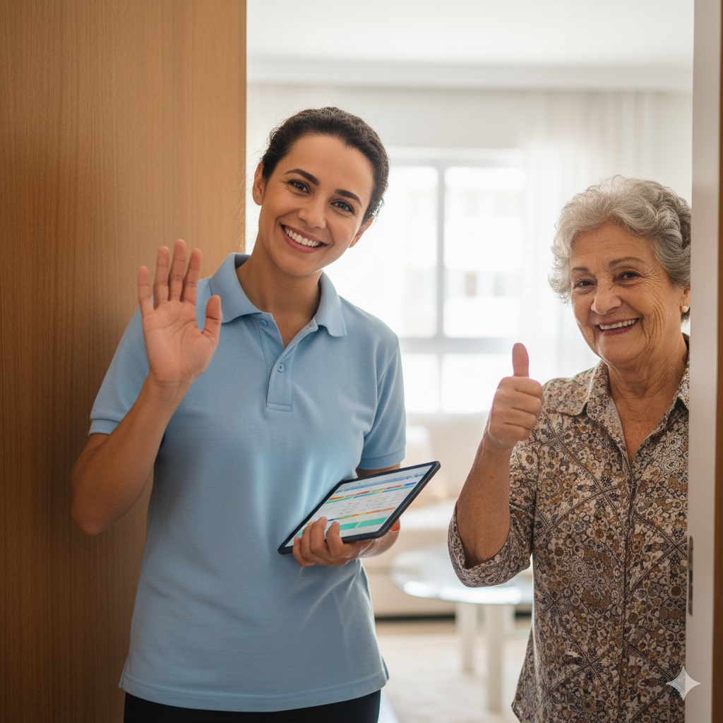 Cuidador se despedindo do idoso após o serviço