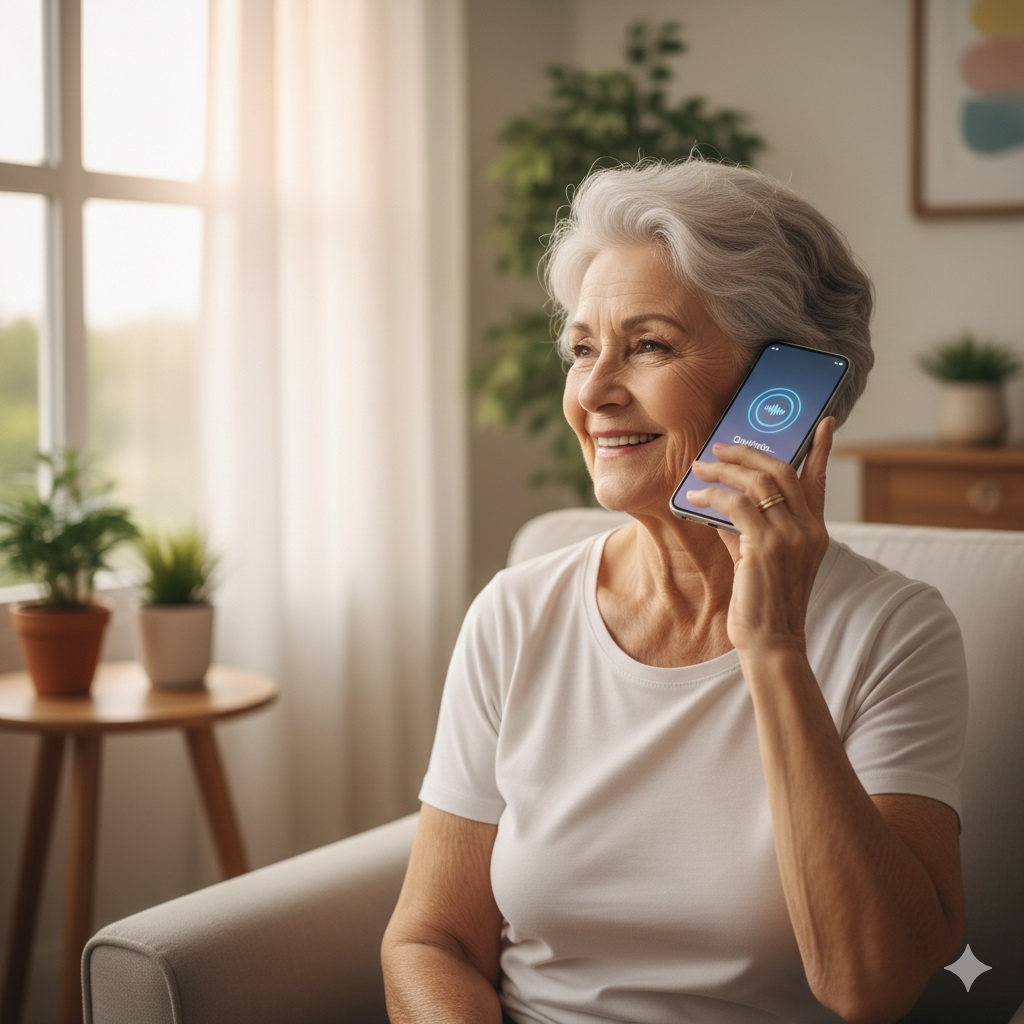 Idosa fazendo cadastro por voz no smartphone