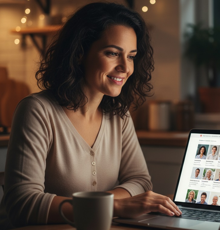 Mulher buscando por perfis de cuidadores no notebook