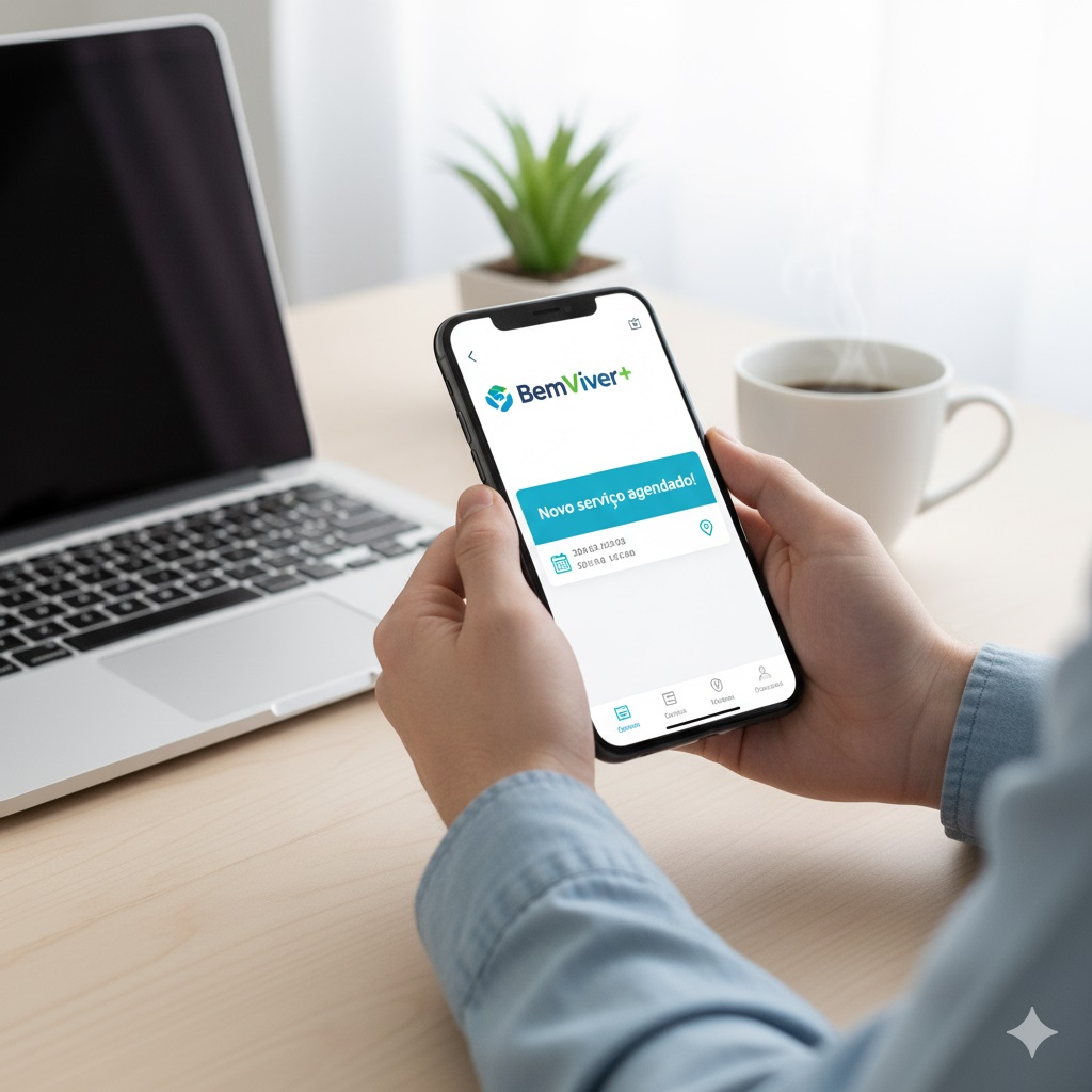 Mãos segurando um smartphone com o app BemViver+